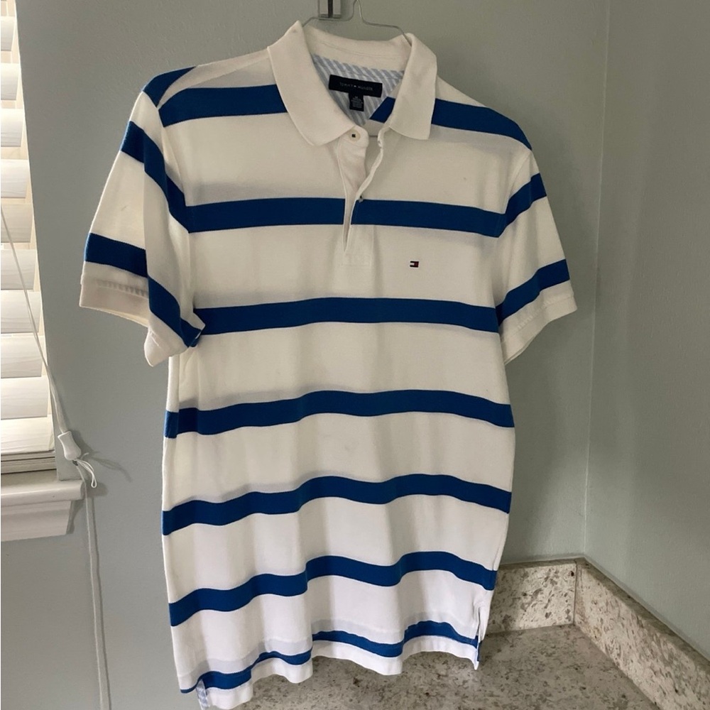 Tommy Hilfiger Blue and White Striped Polo Shirt
